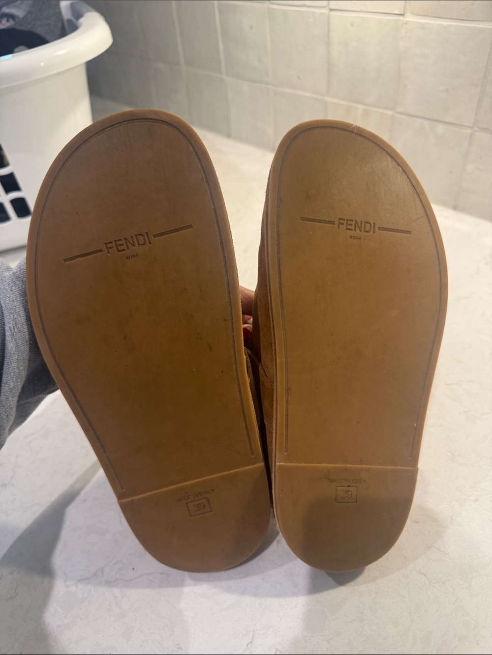 Fendi Chestnut Suede Shearling Mule with Gold Buckle - Picture 3 of 5